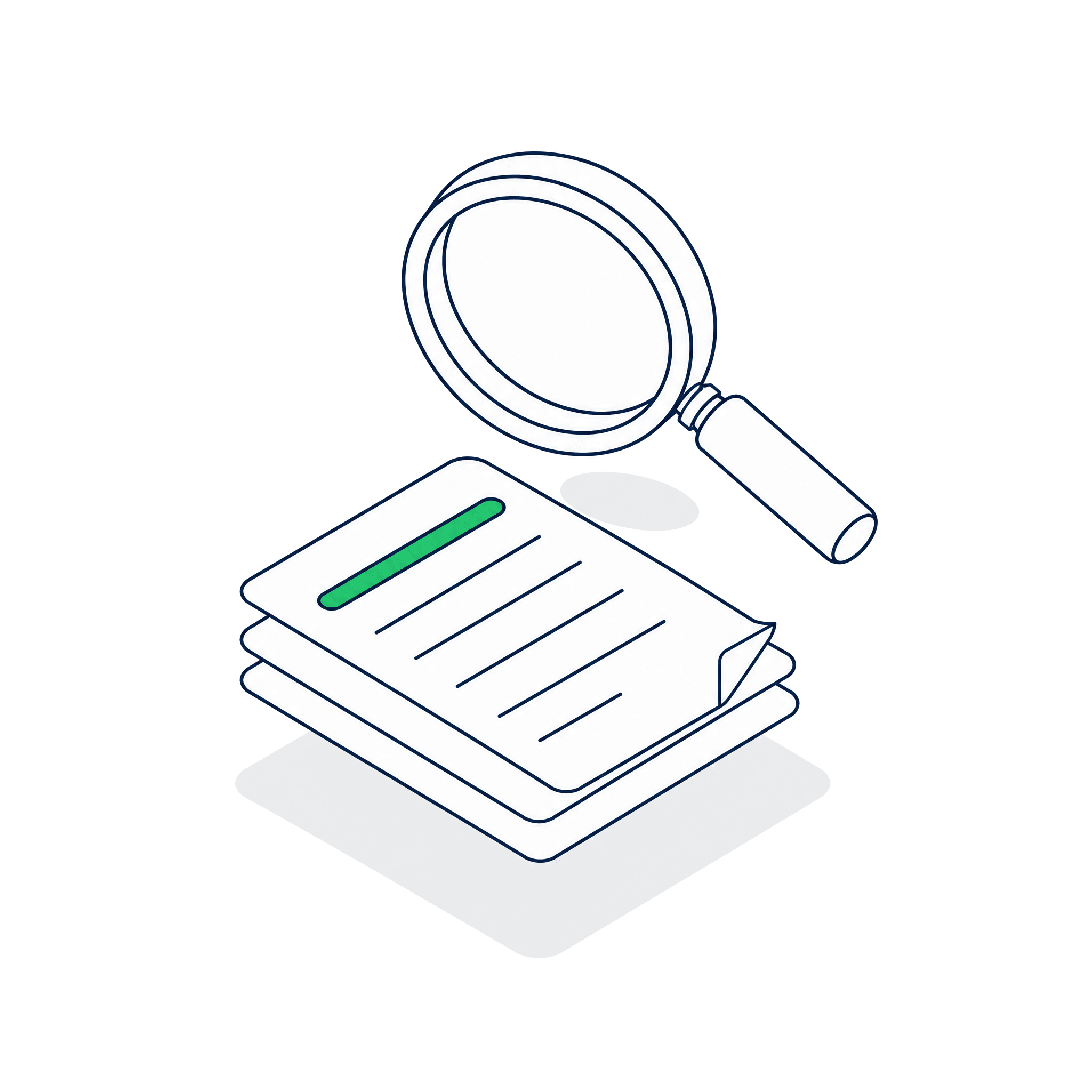 Isometric magnifying glass passing over a document, marking a gentle soft check