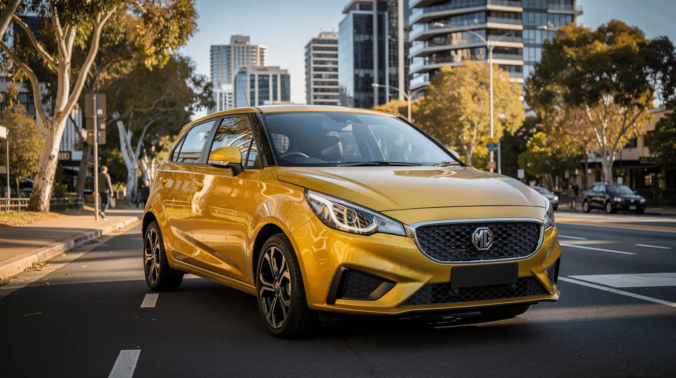 Front three-quarter view of a yellow MG3 Core hatchback