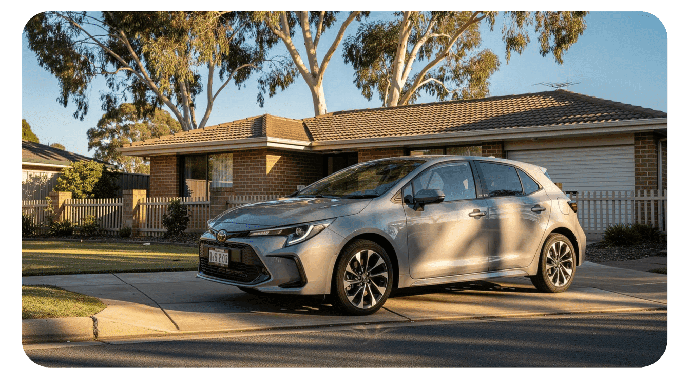 Silver hatchback parked in the driveway of a suburban Australian home