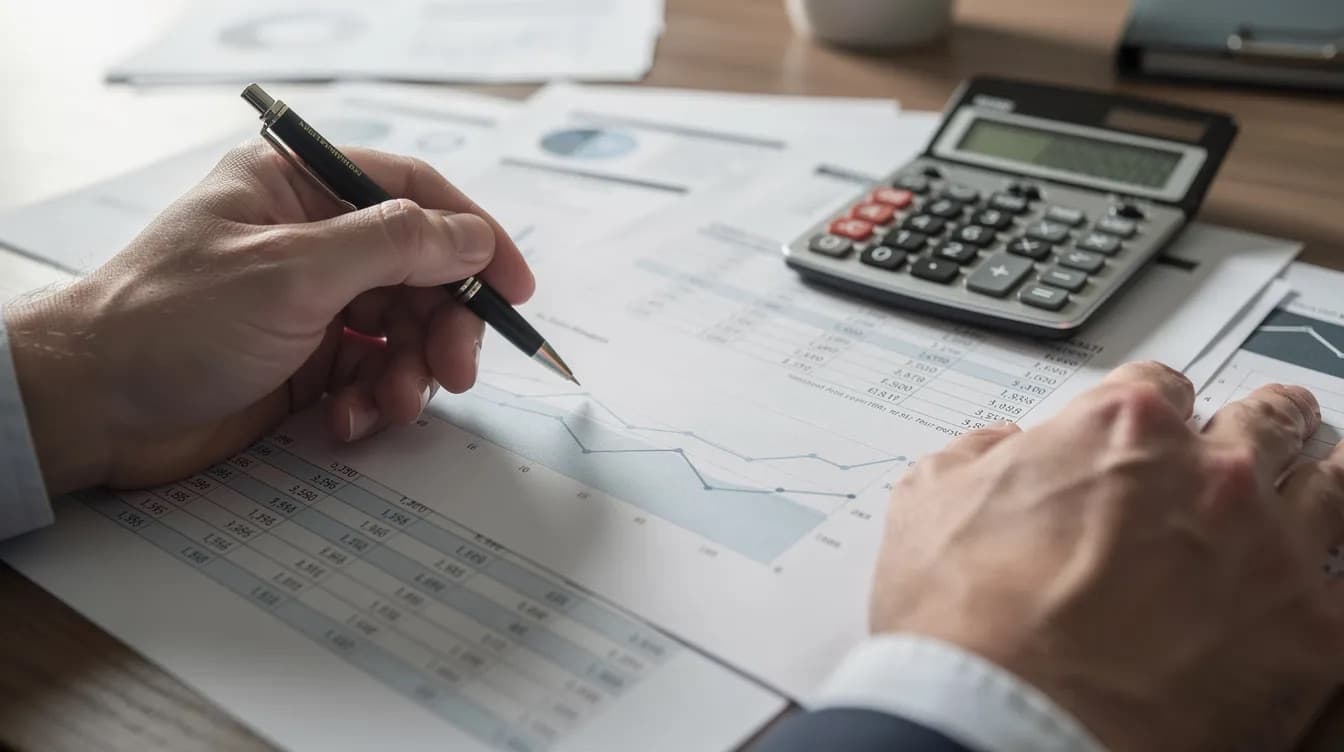 A person reviews budget statements with a pen and a calculator