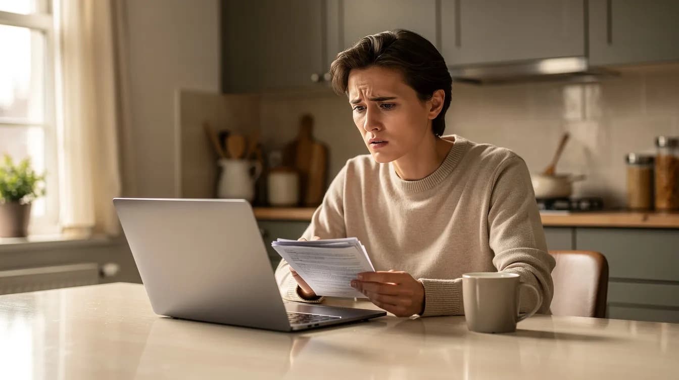 A woman at a kitchen table reads a car finance letter beside her laptop