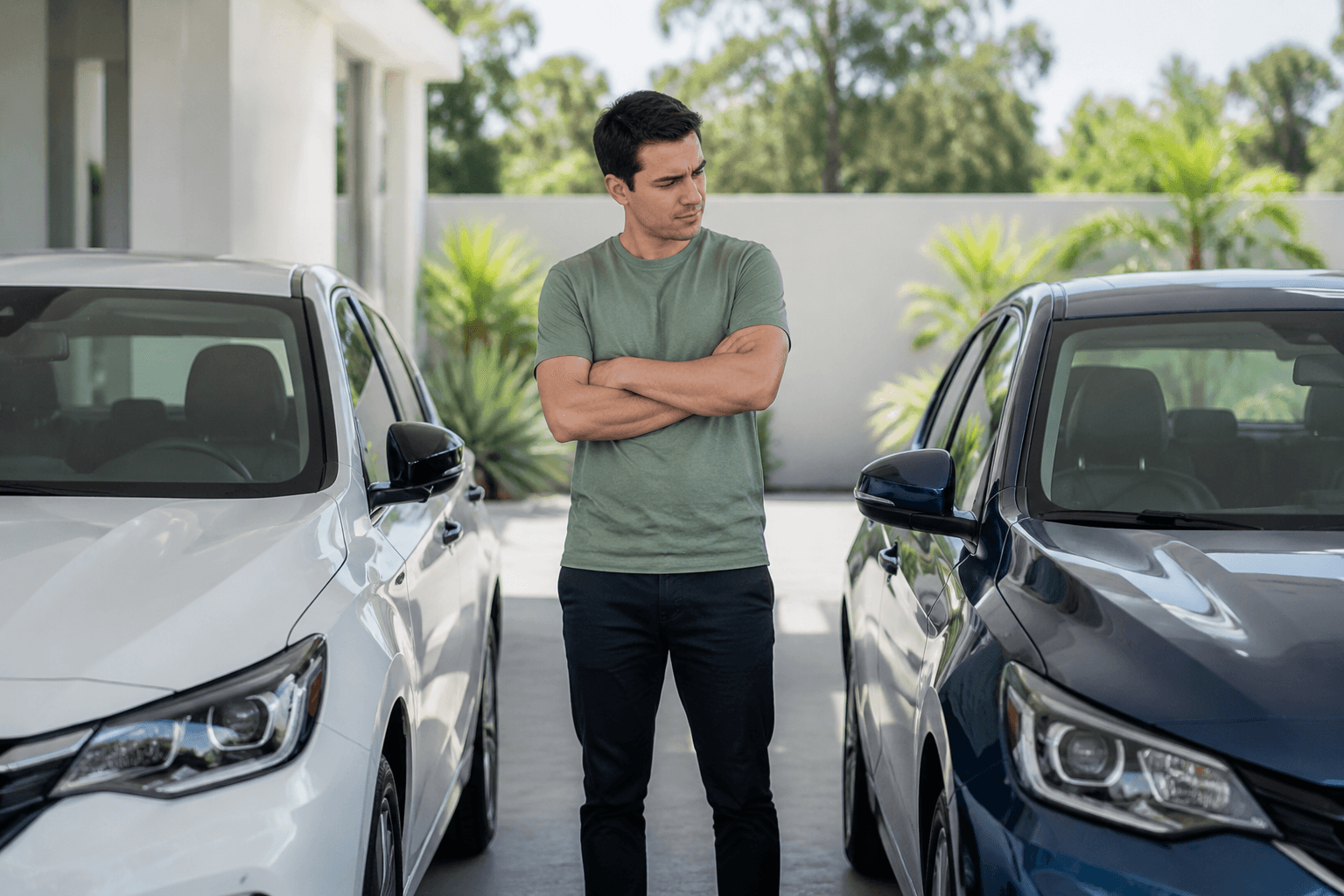 A person comparing two modern cars parked side by side on a driveway