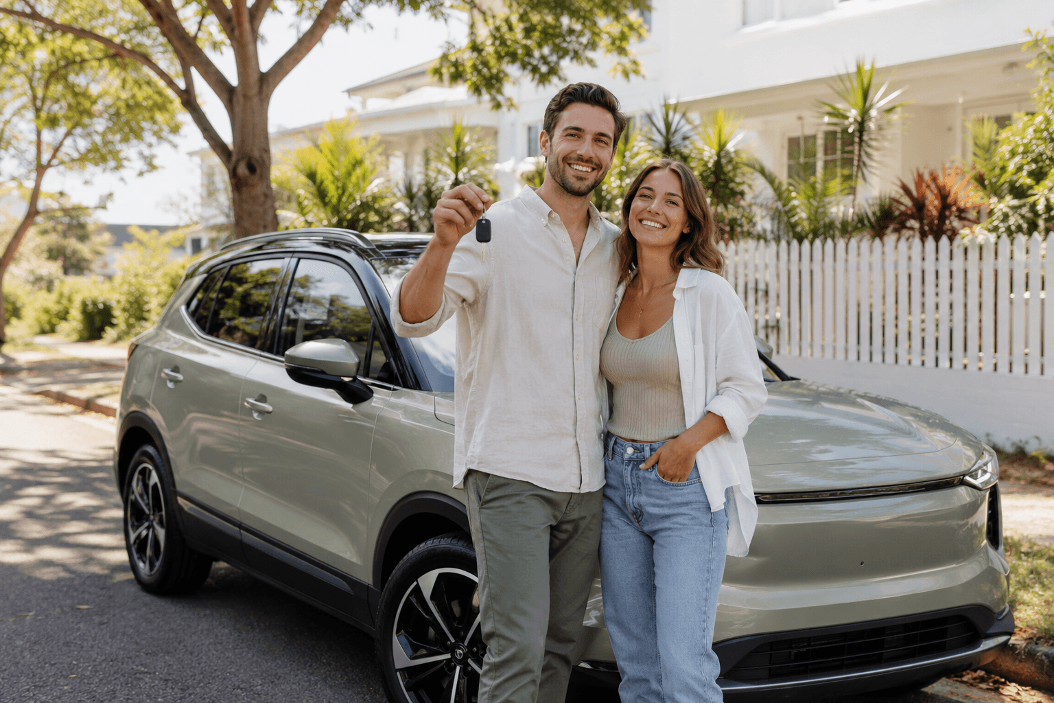 A smiling couple holding up a car key beside their SUV on a leafy Brisbane street