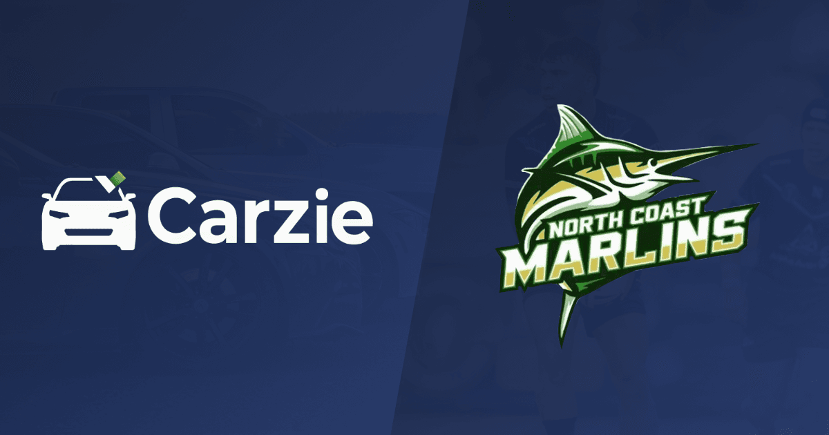 The Carzie logo beside the North Coast Marlins rugby league club logo on a dark blue background