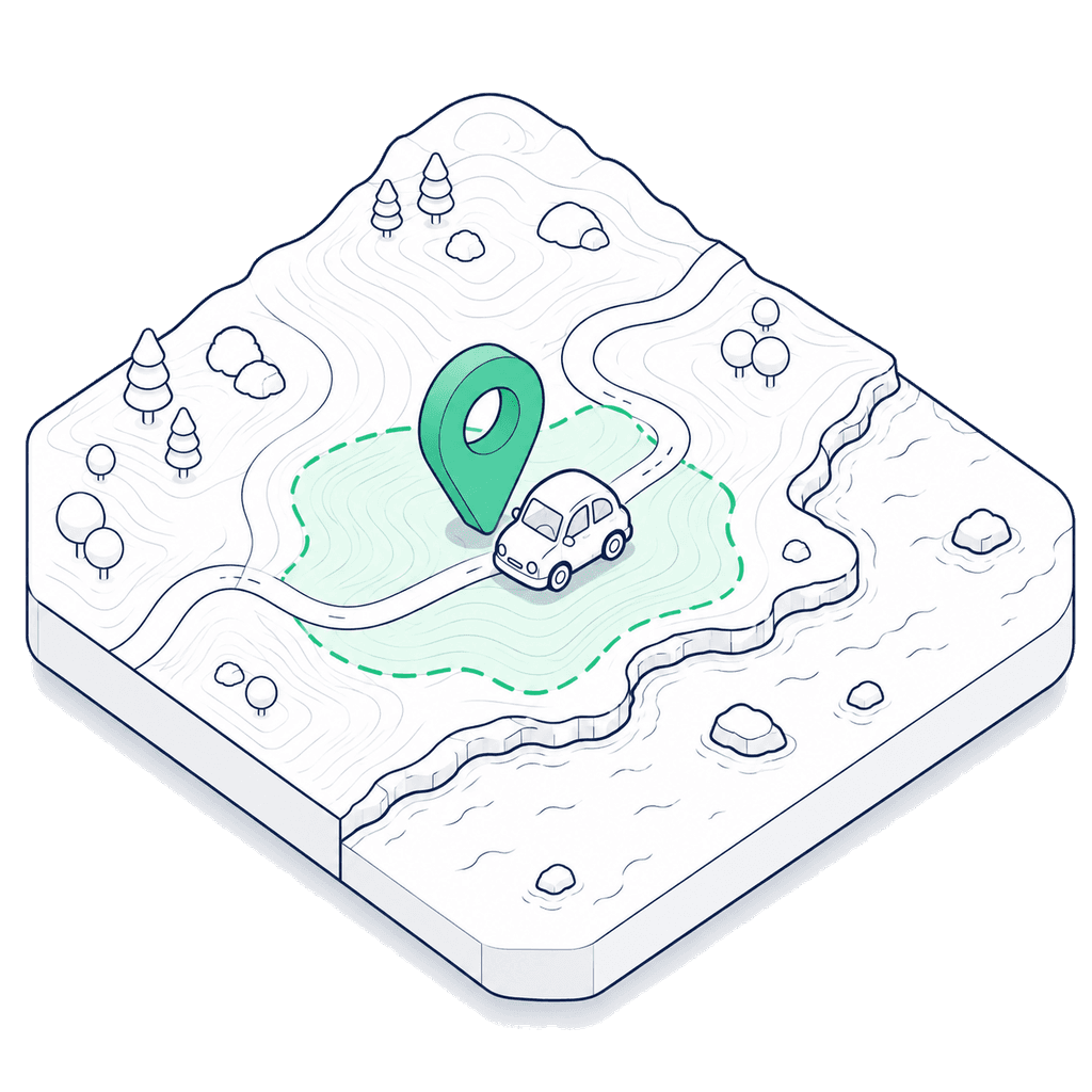 Isometric illustration of a car on a coastal road below the Glass House Mountains