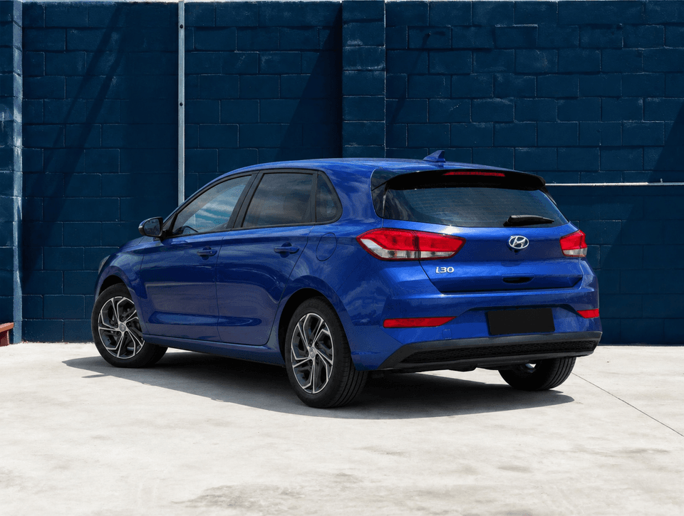 2022 Hyundai i30 in Blue, rear three-quarter view