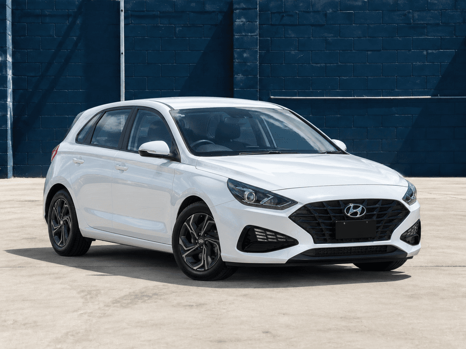 2022 Hyundai i30 in White, front three-quarter view