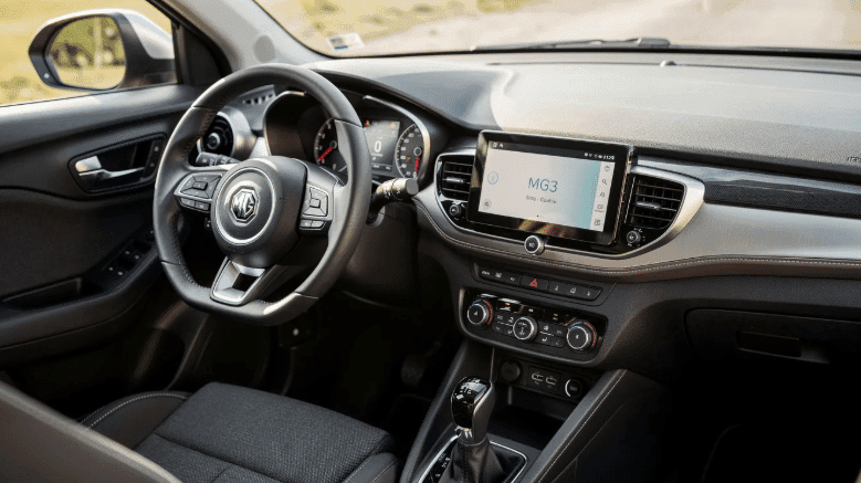 Interior view of the MG3 Core's dashboard, steering wheel and touchscreen