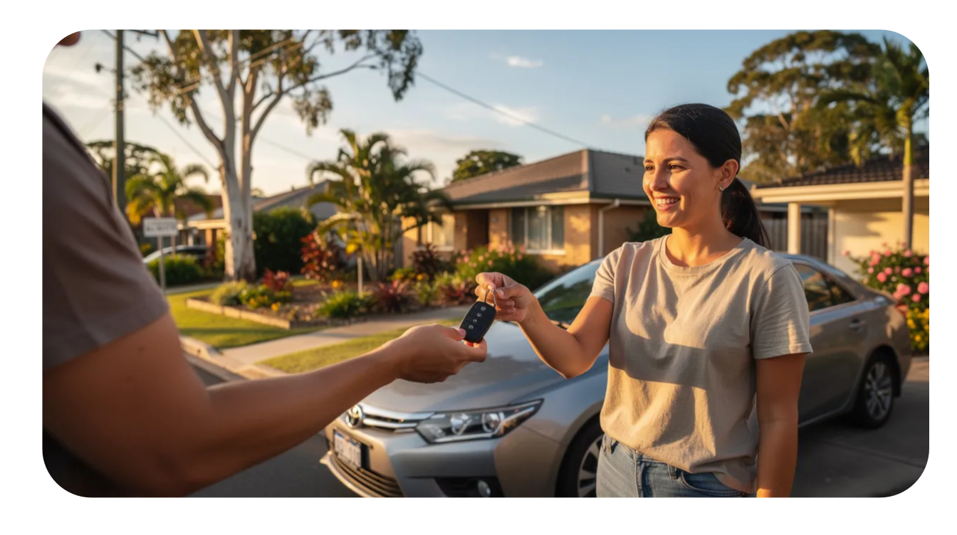 woman collecting keys from man for nissan car in background on an Australian property