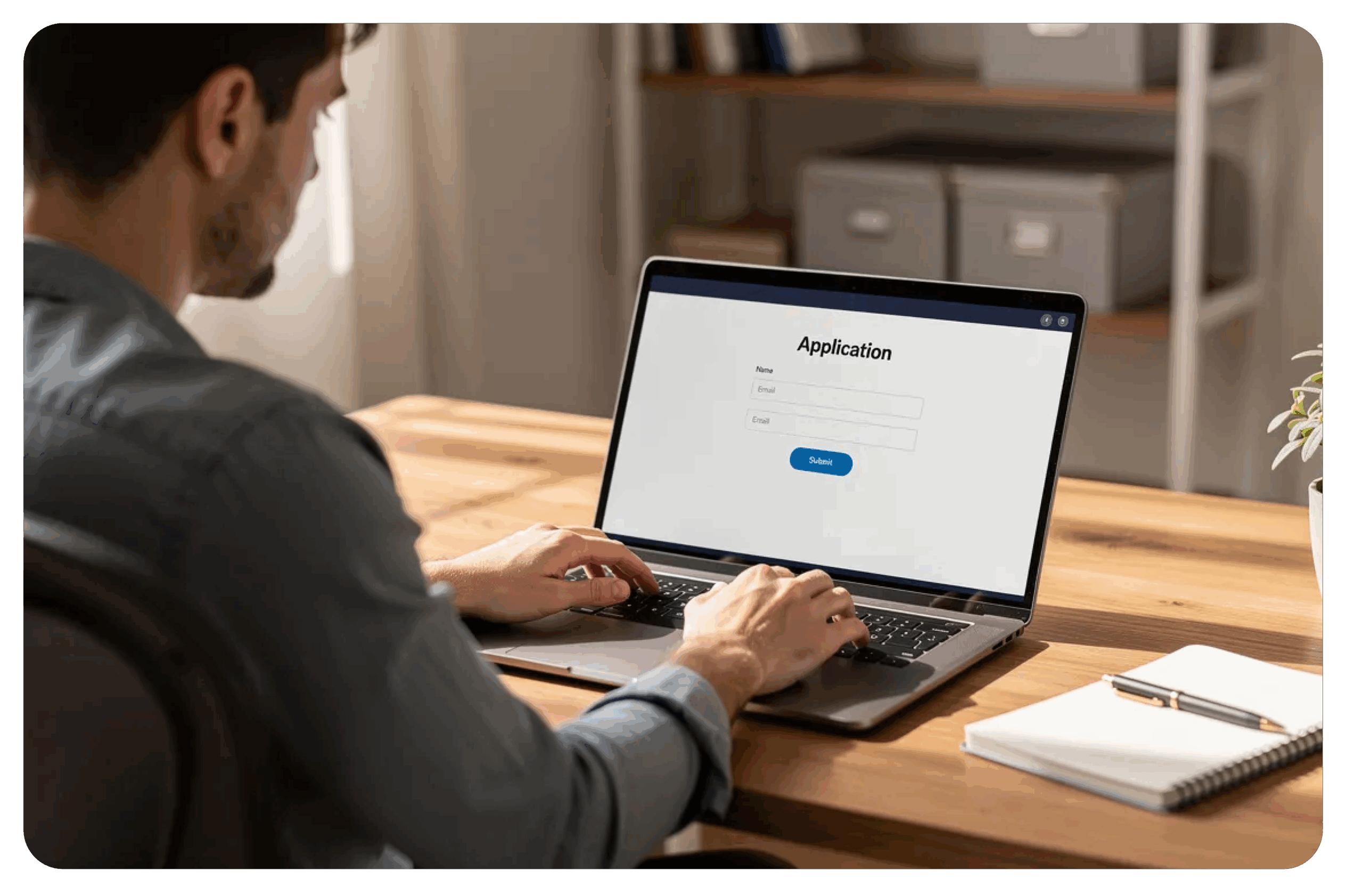 man on laptop looking to complete application