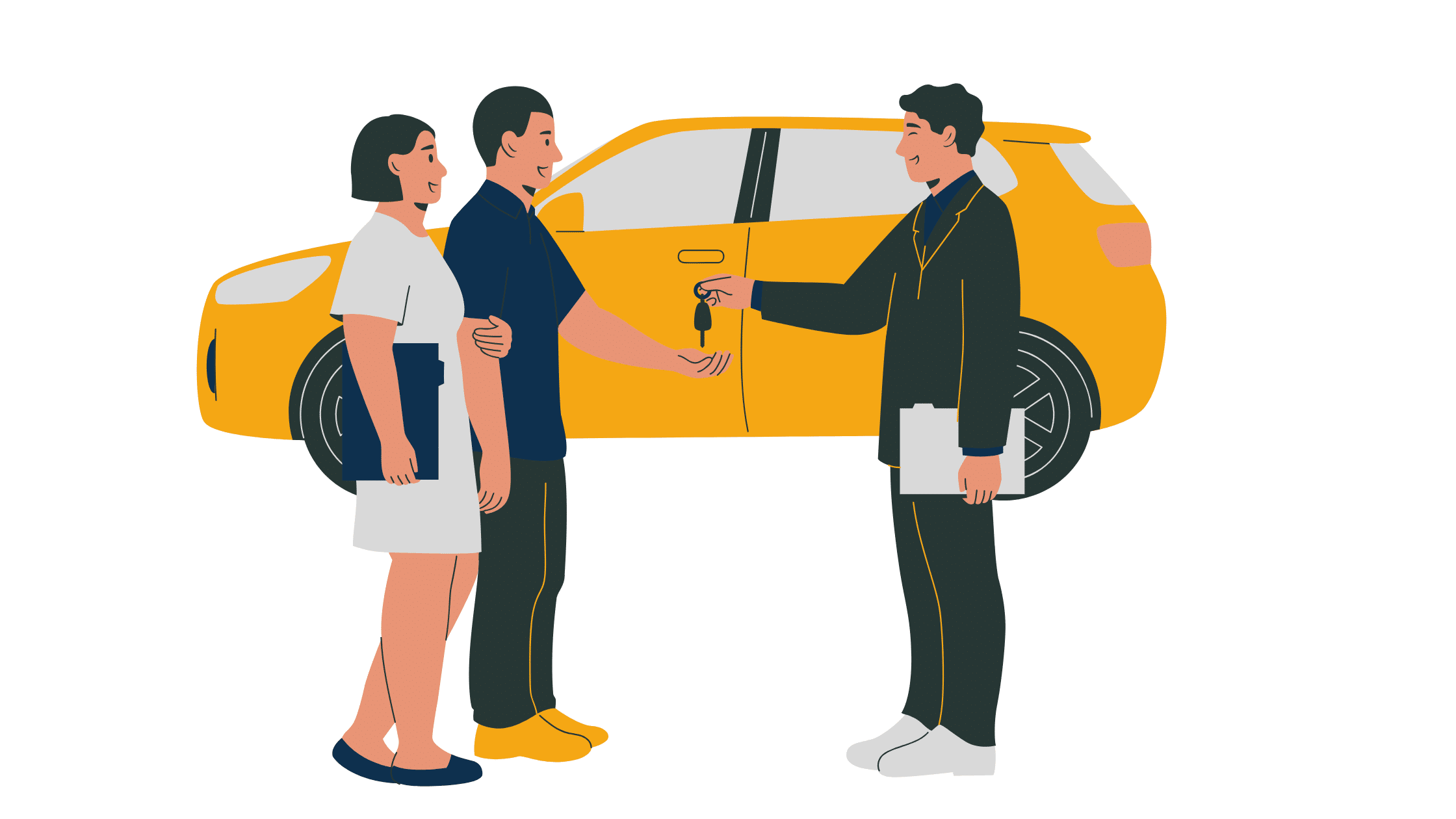 illustration of people getting keys off car salesman for yellow car