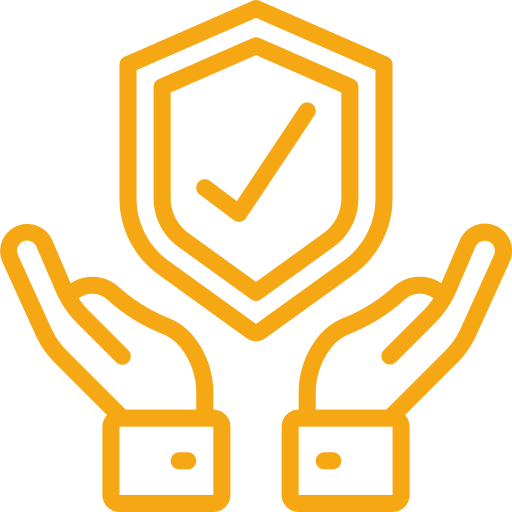 yellow icon of hands holding shield with check