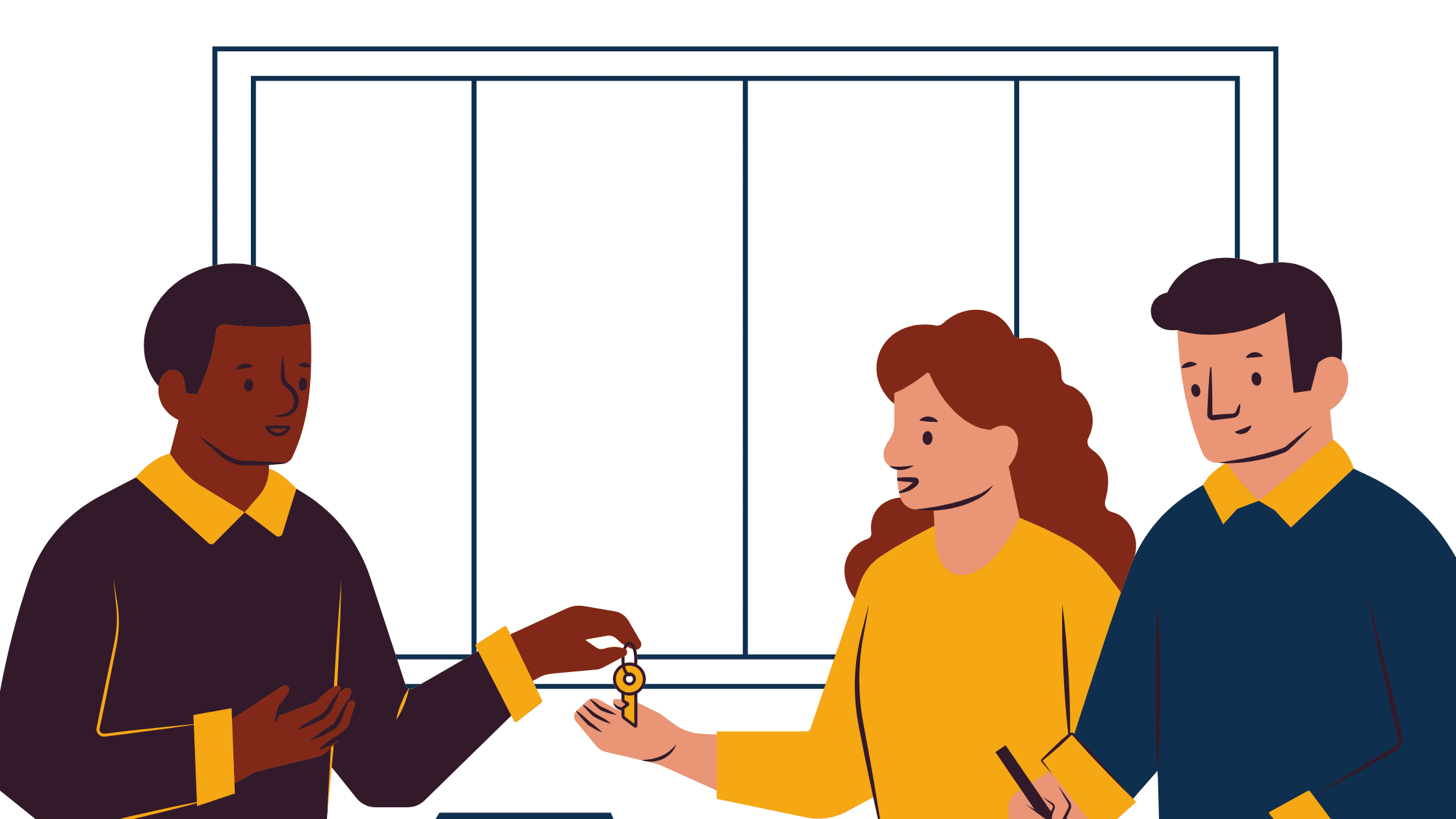 two people sitting with car salesman receiving keys